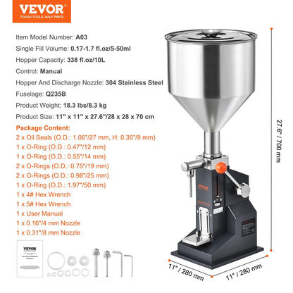VEVOR A03 Manual Liquid Filling Machine — Adjustable 5-50ml/5-100ml Paste & Bottle Filler with Hopper for Water, Juice, Shampoo & Honey