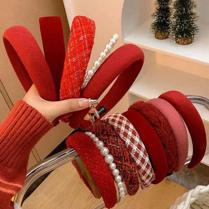 Vintage Red Woolen Velvet Headband – Women's Side Sponge Hair Hoop for Christmas & Fashion Accessories