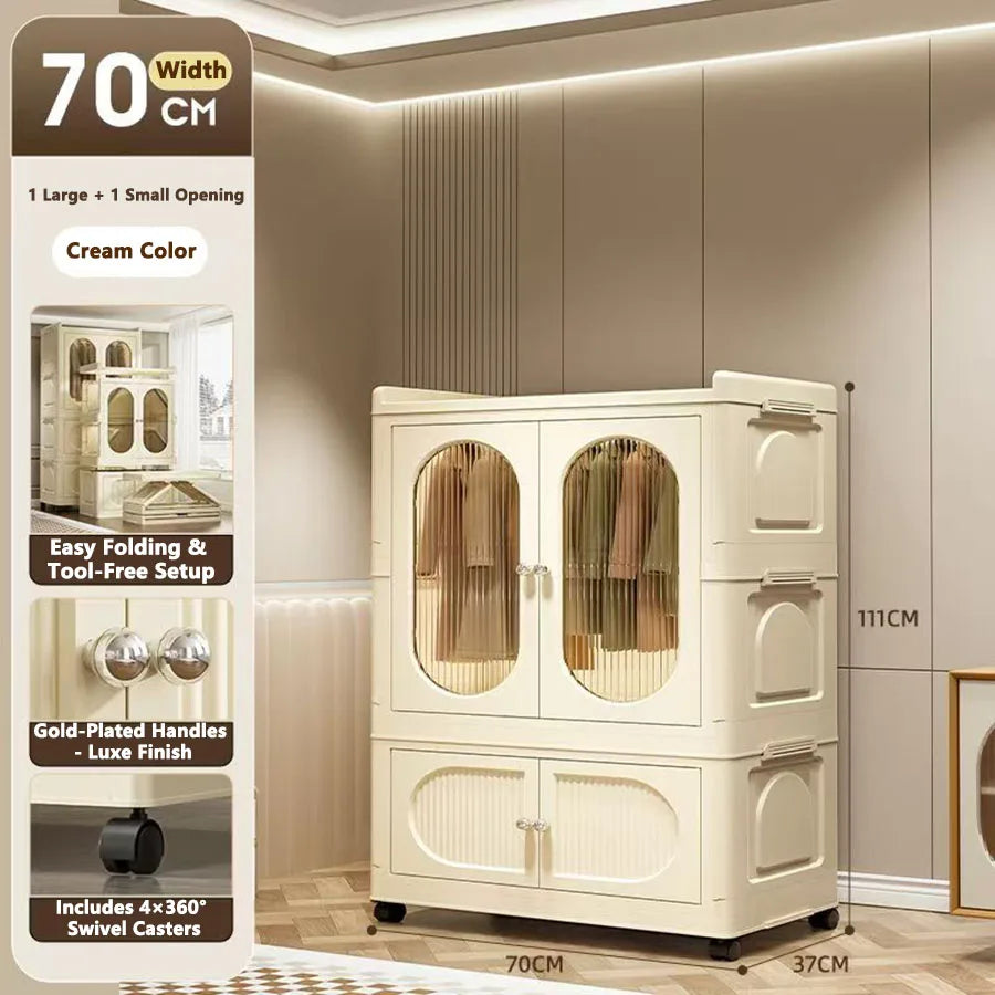 Foldable Storage Cabinet with Drawers – Dustproof Wardrobe Organizer for Home & Office