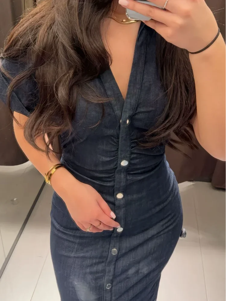 Elegant Pleated Denim Dress for Women – 2025 Chic Slim Fit Lapel Vestido with Short Sleeves & Single-Breasted Design