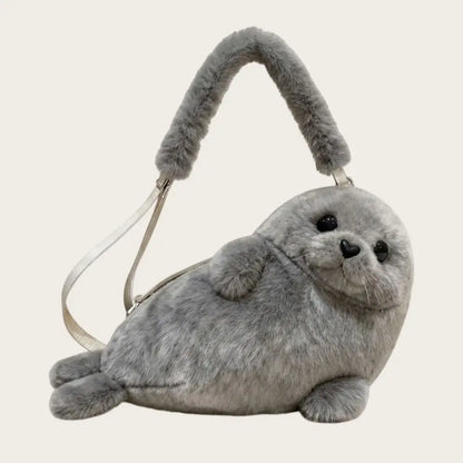 Cute Seal Plush Shoulder Bag - Soft Fluffy Cartoon Crossbody Phone Bag with Adjustable Strap