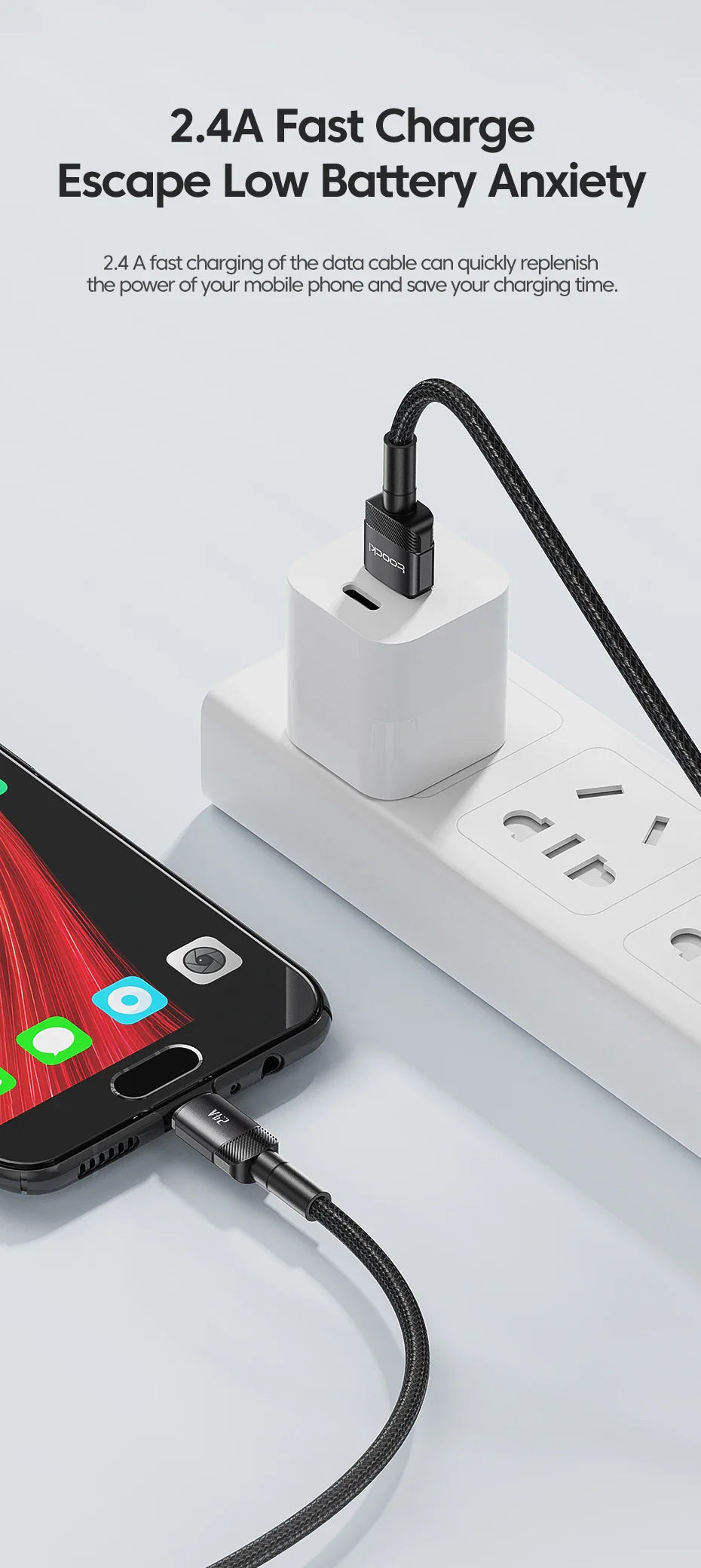 Toocki 2.4A Micro USB Cable – Fast Charging QC PD Data Cord for Samsung S6/S7, Redmi Note, Earphones, Fans