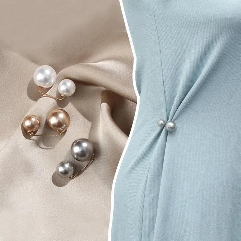 Double Pearl Brooch Pins: Women's Fashion Tightening Waistband Metal Lapel Pin for Sweaters, Shirts, and Cardigans