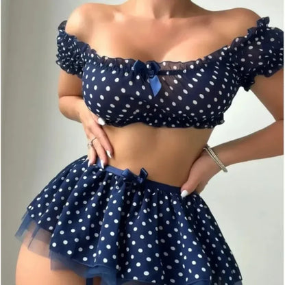 Women’s Polka Dot Off Shoulder Lingerie Set – Sexy Puffy Mini Skirt with Garter Straps
