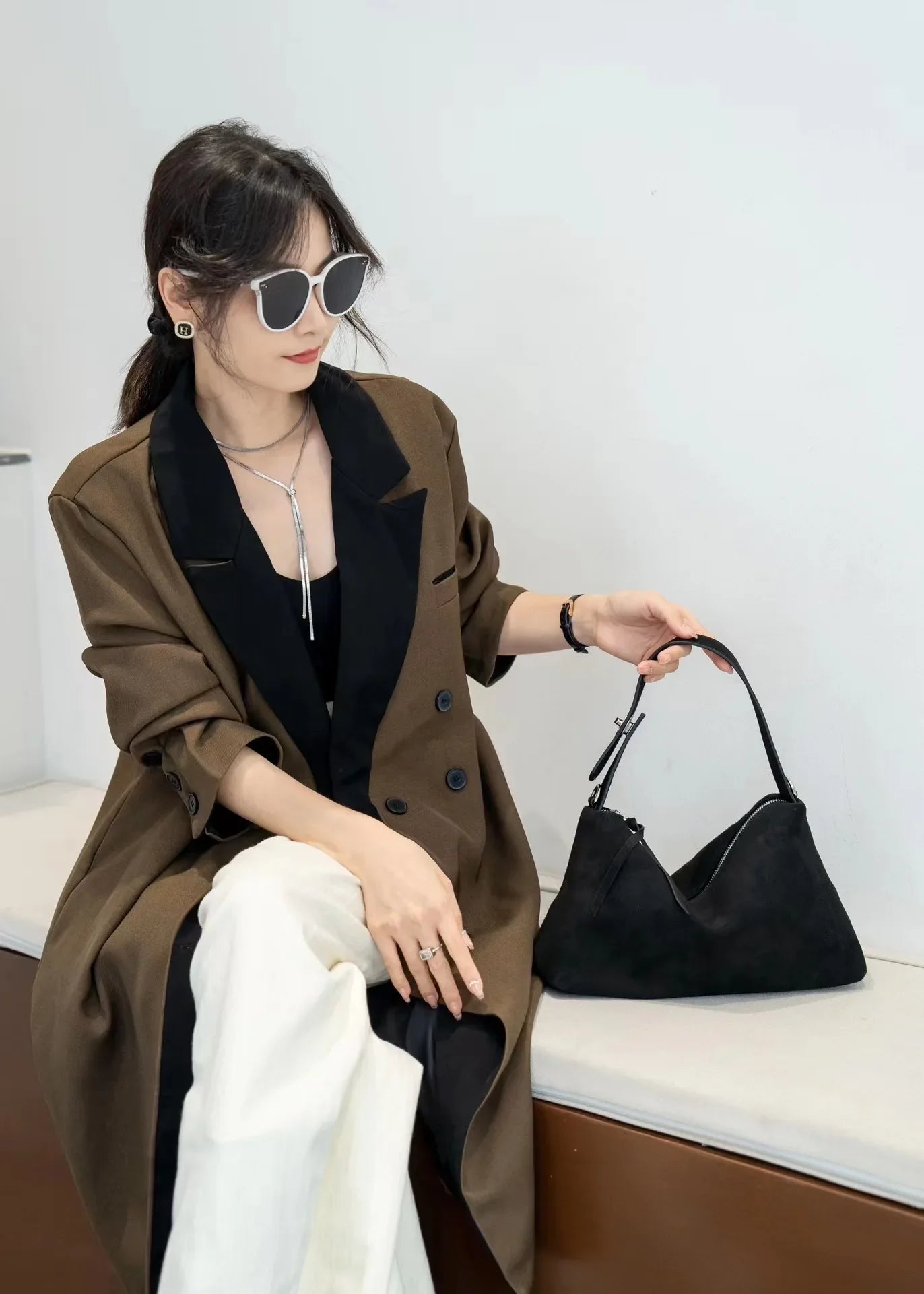 Simple Autumn Winter Grey & Brown Boston Tote — Soft Matte Suede Cow Leather Women's Shoulder Handbag