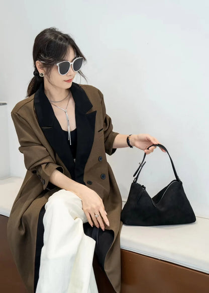 Simple Autumn Winter Grey & Brown Boston Tote — Soft Matte Suede Cow Leather Women's Shoulder Handbag