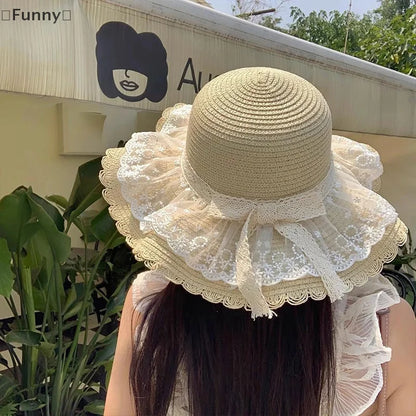 Funny Women’s Lace Straw Hat – Wide Brim Floppy Beach Sun Hat with Solid Fringe, Summer Outdoor Cap