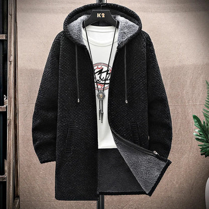 Men's Cashmere Hooded Cardigan Coat – Warm Fleece Long Sweater Jacket for Autumn Winter
