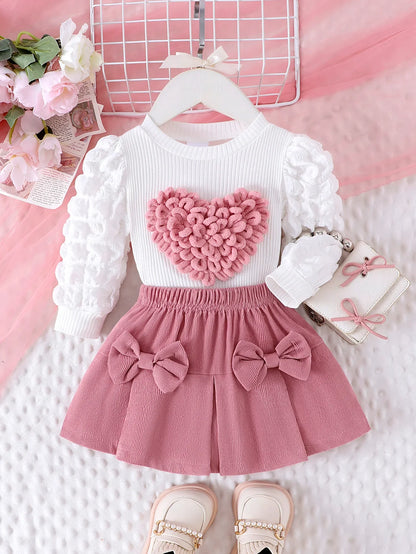 Girls' 2-Piece Love Badge Outfit Set - Bubble Sleeve Top & Short Skirt for Ages 1-3