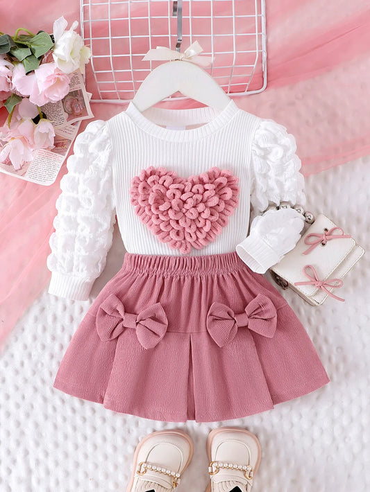 Girls' 2-Piece Love Badge Outfit Set - Bubble Sleeve Top & Short Skirt for Ages 1-3