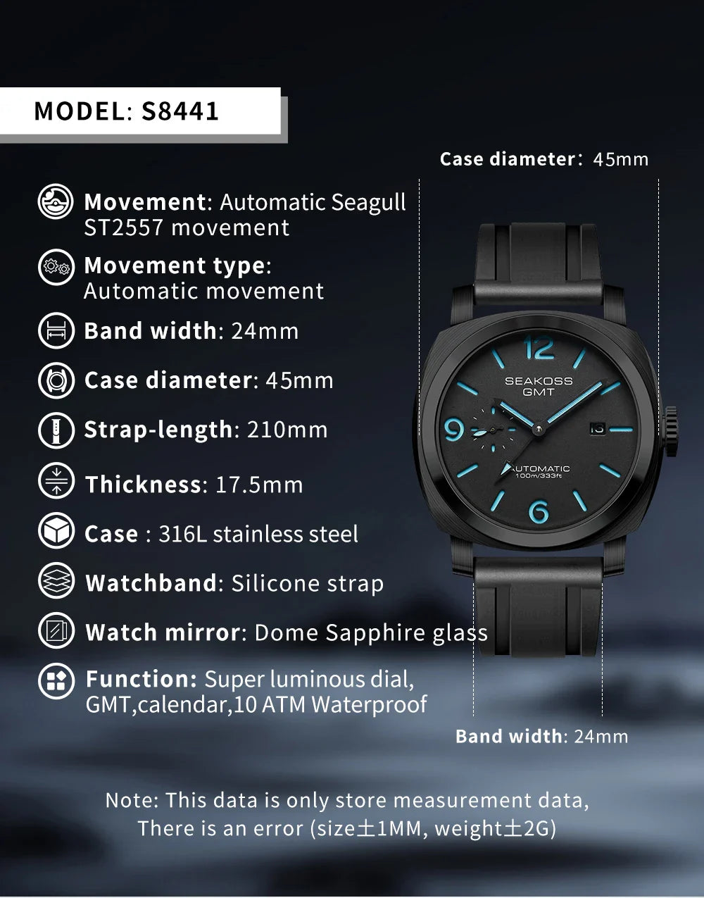 SEAKOSS GMT Men’s Diving Automatic Mechanical Watch — 10ATM Waterproof, 1963 Original 2557 Movement, Calendar, Sapphire Crystal
