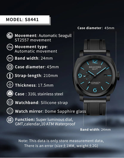SEAKOSS GMT Men’s Diving Automatic Mechanical Watch — 10ATM Waterproof, 1963 Original 2557 Movement, Calendar, Sapphire Crystal