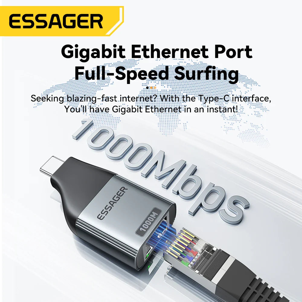 Essager Type-C to Ethernet Adapter – 100/1000Mbps Gigabit RJ45 to Type-C Adapter for MacBook, Laptop Wired Network Card
