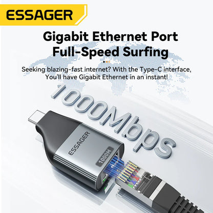 Essager Type-C to Ethernet Adapter – 100/1000Mbps Gigabit RJ45 to Type-C Adapter for MacBook, Laptop Wired Network Card