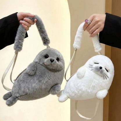 Cute Seal Plush Shoulder Bag - Soft Fluffy Cartoon Crossbody Phone Bag with Adjustable Strap