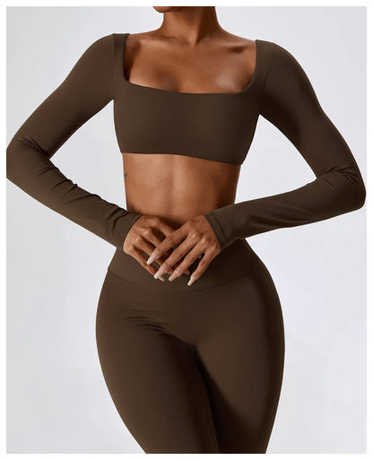 2PCS Seamless Women’s Yoga Set – Long Sleeve Crop Top & Leggings Workout Outfit, Athletic Gym Sportswear