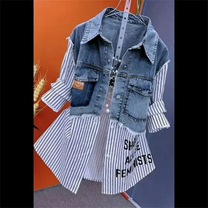 Women’s Denim Jacket – 2025 Casual Fashion, Fake Two Denim Shirts with Striped Stitching, Spring & Autumn Coat