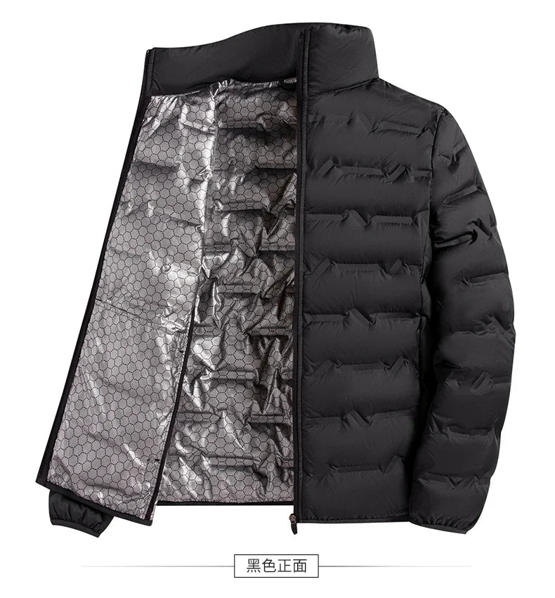 Graphene Self-Heating Down Jacket for Men – Solid Windproof, Pleated Stand Collar, Warm Winter Outerwear