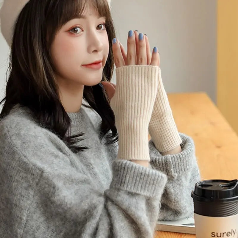 Winter Warmth Essentials: Solid Half Finger Wool Knitting Gloves for Women - Soft and Warm Arm Gloves, Mittens for Writing, Handschoenen Guantes