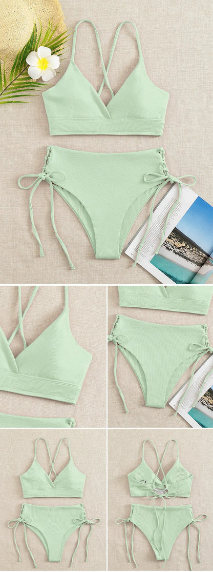Cikini V-Neck Split Bikini Set – Sexy Lace-Up Triangular Solid Color Swimwear for Women
