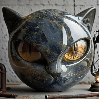 Black Cat Stone Figurine – Marble Texture Resin Cat Head Keepsake Desk Decor, Healing Style Home & Office Ornament