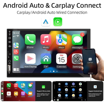 1-DIN Car Radio with 7’’ HD Touch Screen — Android Auto & CarPlay Multimedia Player, FM, AUX, Bluetooth, MirrorLink Universal Autoradio