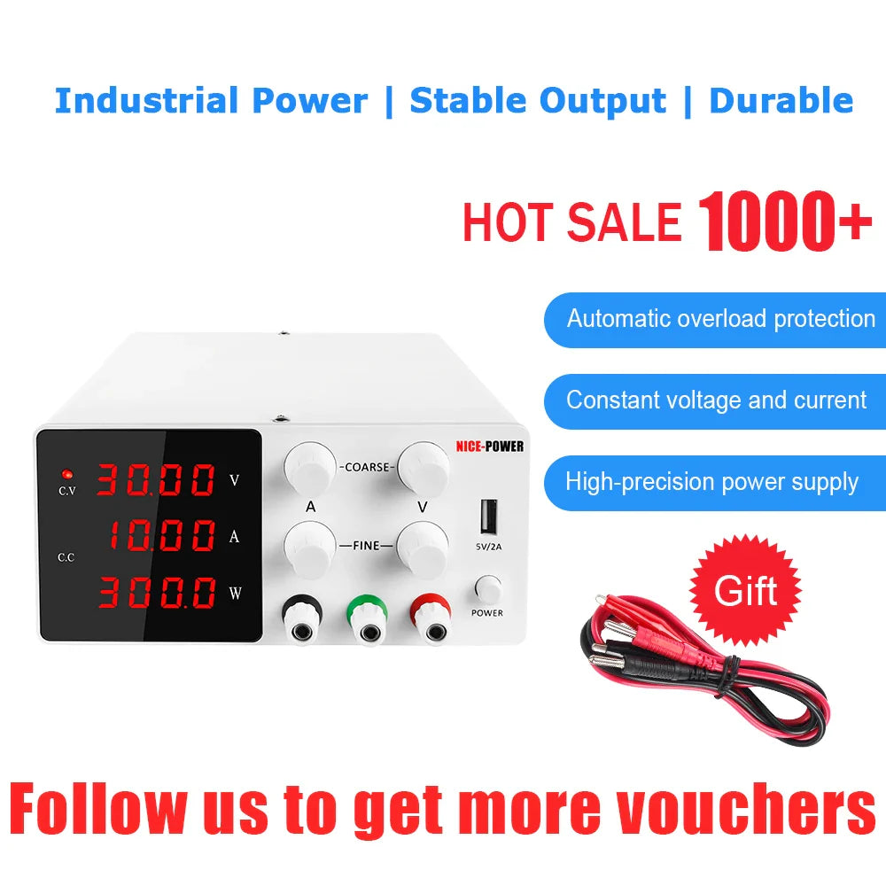 DC Programmable Power Supply — 30V 10A / 60V 5A / 120V Adjustable Laboratory Bench Source with 4-Set Memory Storage Functions