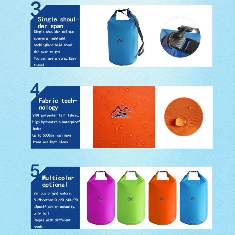 Waterproof Dry Bag: 5L/10L/20L/40L/70L Sack for Camping, Drift, Trekking, Swimming, Rafting, Kayak - Outdoor Waterbag for Fishing and River Trekking