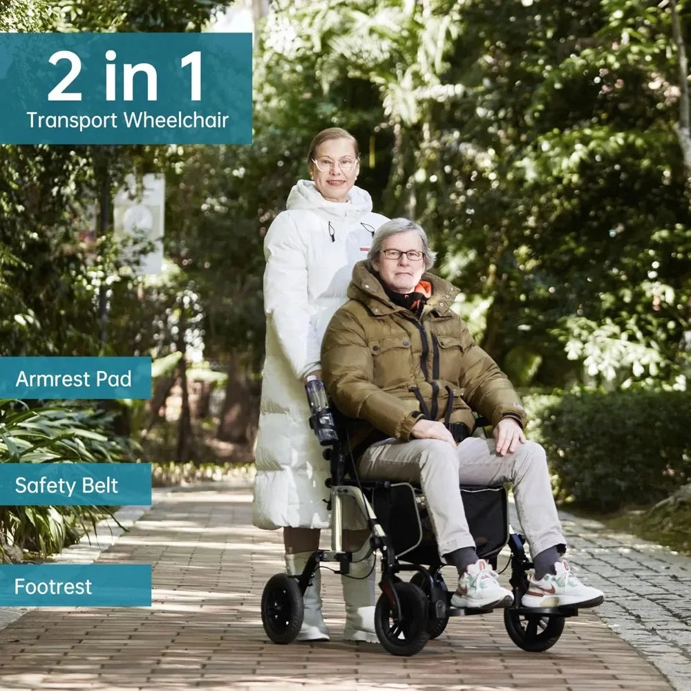 Champagne All-Terrain 2-in-1 Rollator Walker & Transport Chair – 10” Non-Pneumatic Wheels with Reversible Backrest and Detachable Seat