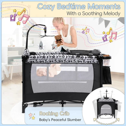 5-in-1 Portable Pack and Play Bassinet — Bedside Sleeper with Diaper Changer, Storage Bag & Music Box