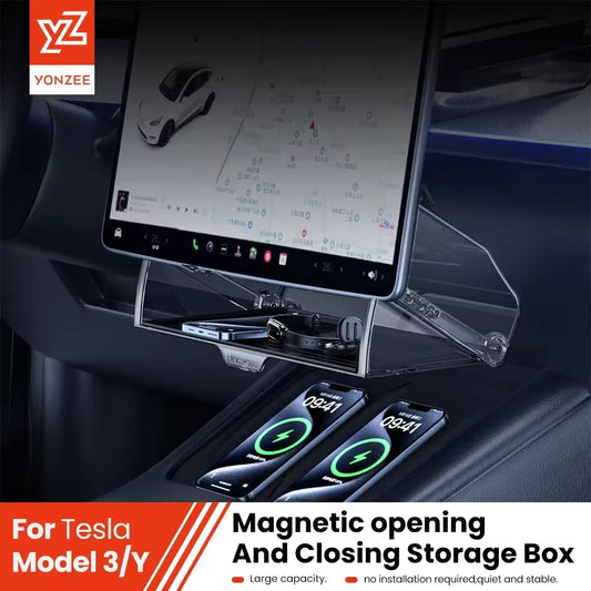 YZ Tesla Model 3/Y Highland Juniper Magnetic Under Screen Storage Box - Hidden Tray Organizer