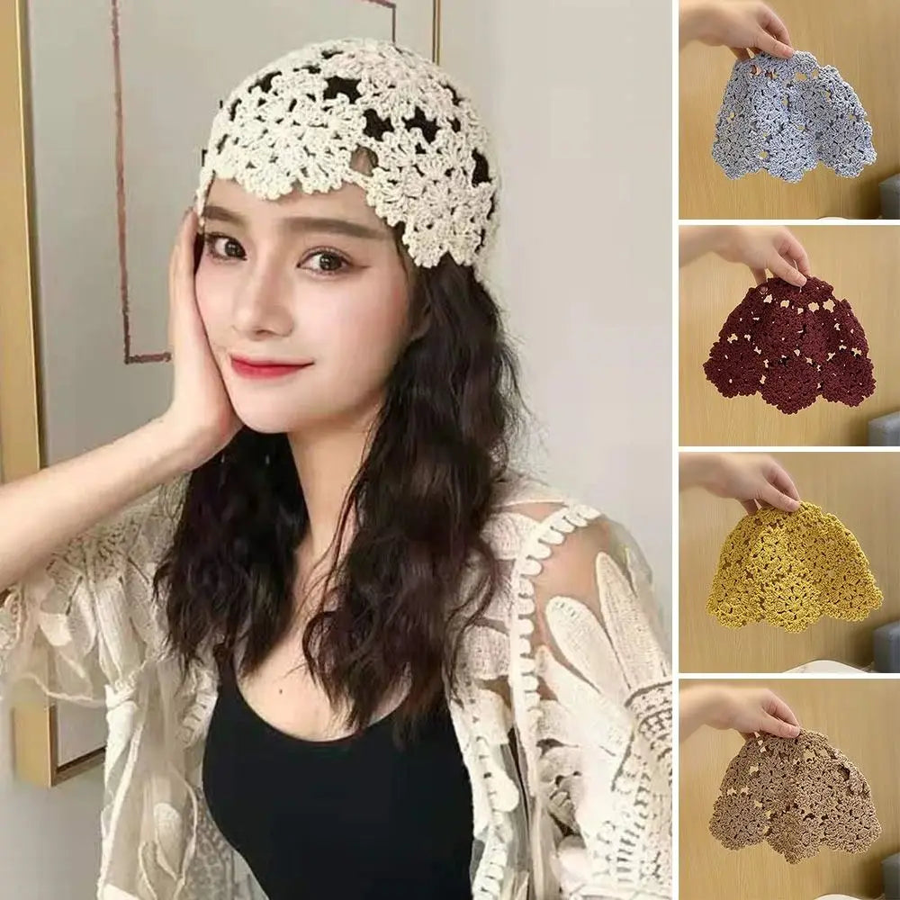 Autumn Winter Knitted Beret – Hollow Lace Flower Fashion Skullies Hat for Women, Casual Bonnet Cap