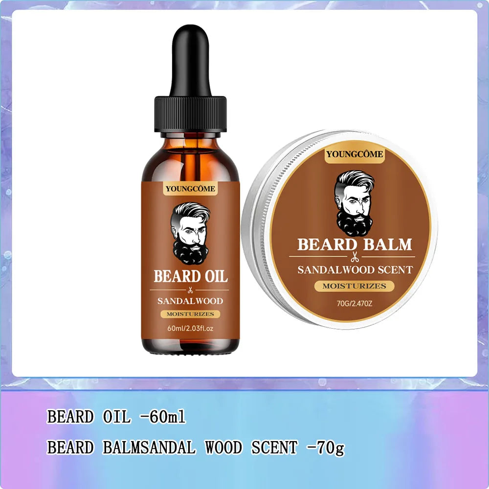 Organic Beard Growth Oil & Sandalwood Balm Grooming Kit (1/2/4 Set) – 24H Nourishing Beard Care with Argan Oil & Vitamin E, Anti-Flake Moisturizer for Men