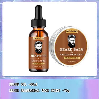 Organic Beard Growth Oil & Sandalwood Balm Grooming Kit (1/2/4 Set) – 24H Nourishing Beard Care with Argan Oil & Vitamin E, Anti-Flake Moisturizer for Men
