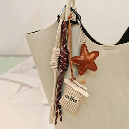 Kawaii Cartoon Linen Embroidery Coffee Bread Keychain - Cute Leather Heart Pendant Bag Charm Car Keychain Accessory