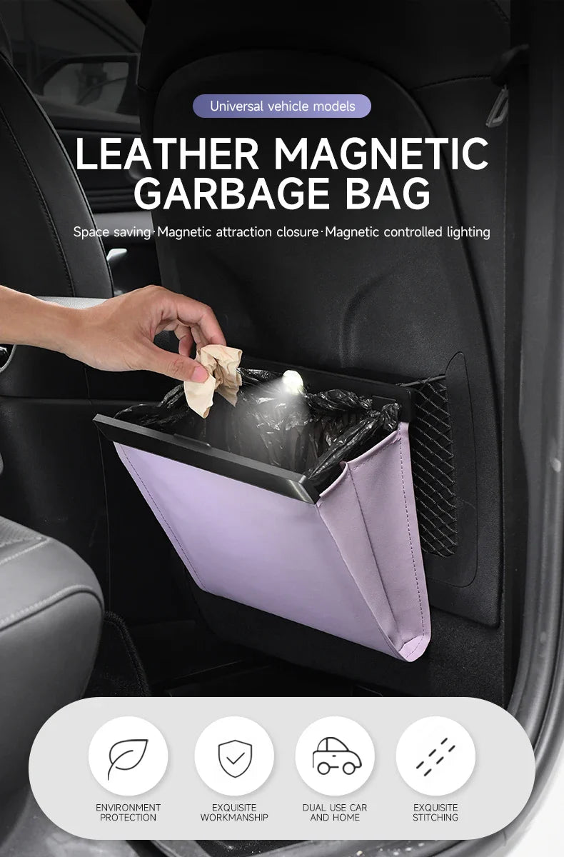 Car Garbage Bag with LED – Waterproof Magnetic Adsorption Storage, Leather Seat Hanging Trash Can, Leak-Proof Storage Pocket
