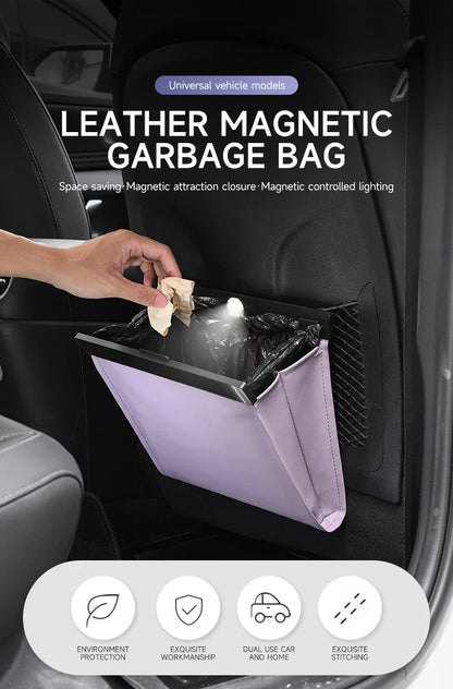 Car Garbage Bag with LED – Waterproof Magnetic Adsorption Storage, Leather Seat Hanging Trash Can, Leak-Proof Storage Pocket