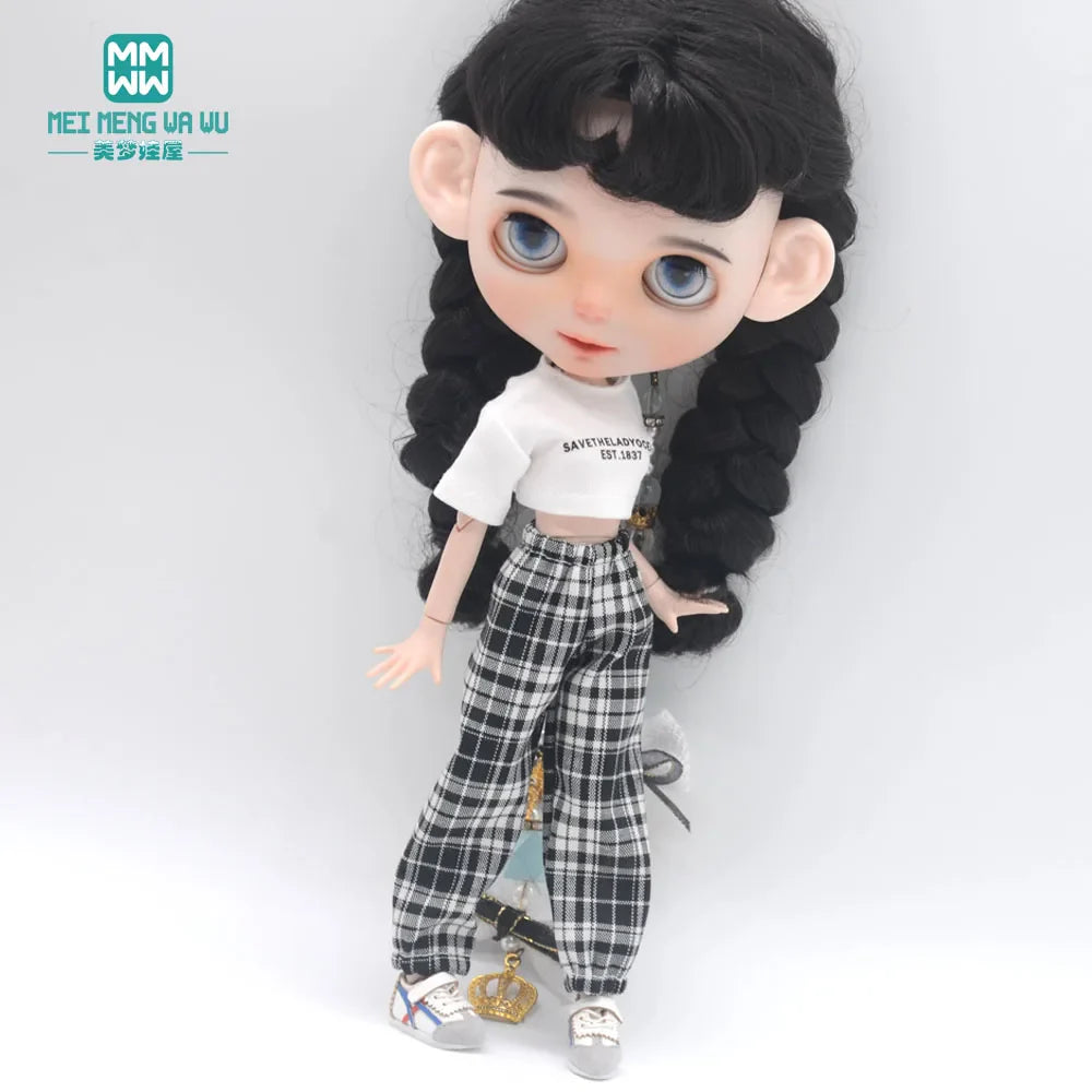 Blythe Doll Clothes – Fashion Tops, Black & White Shirts with Jeans & Plaid Pants for Azone OB22/OB24 Dolls