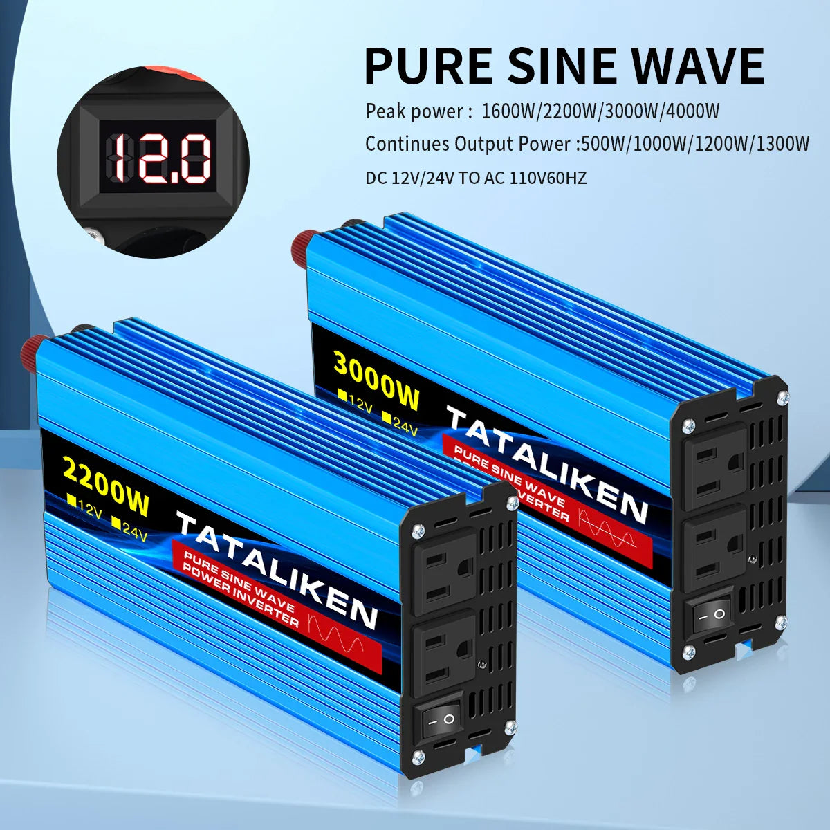 12V/24V to 110V AC Pure Sine Wave Power Inverter — 4000W/16000W 60Hz Converter with LED & US Socket for Car & Solar