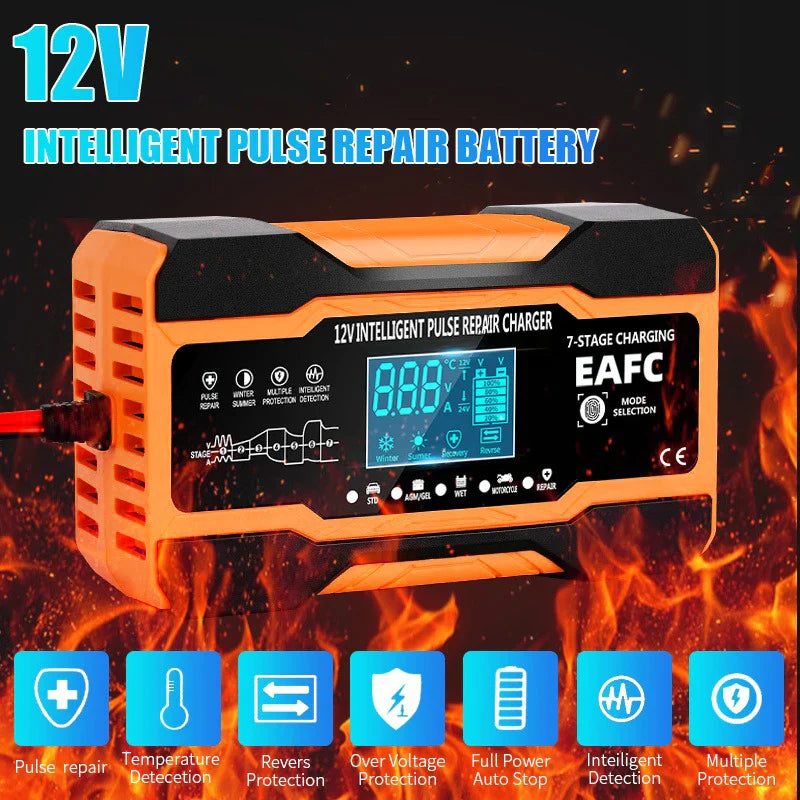 12V/24V Smart Battery Charger — 10A/12A Fast Charger with 7-Stage Pulse Repair for AGM, GEL, WET Lead-Acid Car Batteries