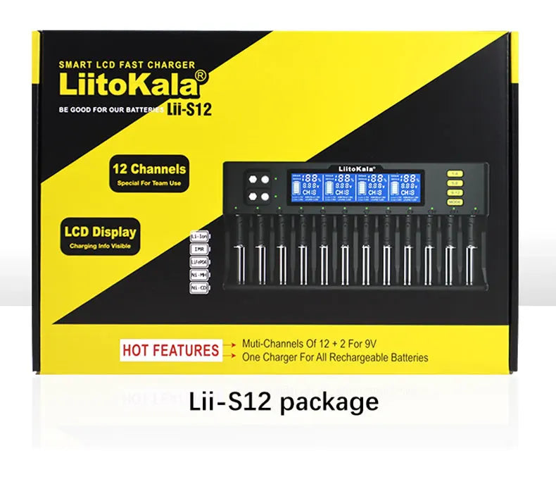 LiitoKala Lii-S12/Lii-S8 Battery Charger – LCD 18650, 21700, 26650, 26700, 20700, 18350, 9V IMR, NiMH/Cd, AA & AAA Rechargeable Batteries
