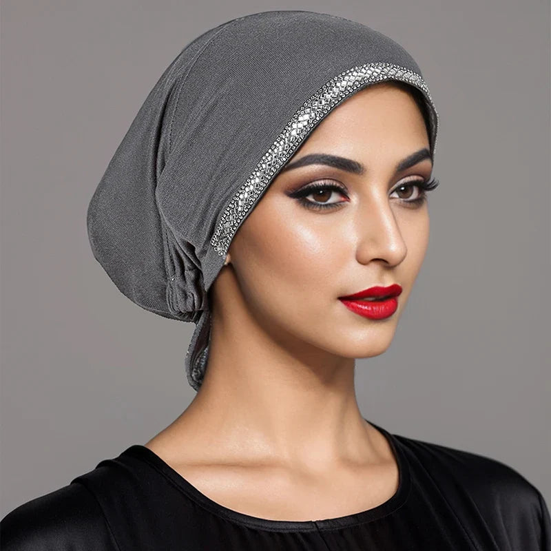Women’s Modal Rhinestone Hijab Cap - Soft Muslim Turban Underscarf Bonnet for Secure Headwrap Styling