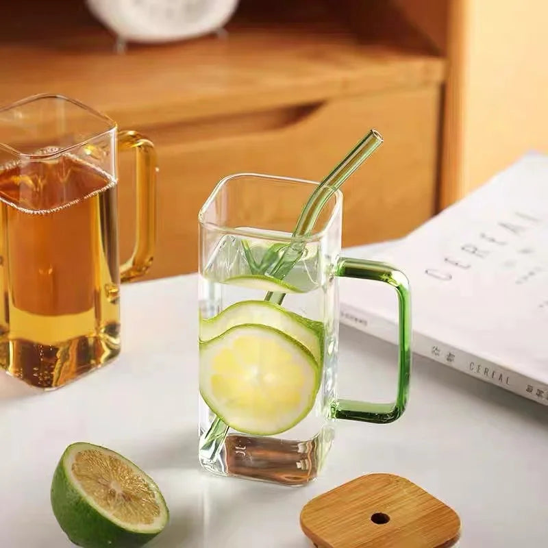 400ml Square Glass Mug with Lid and Straw: Microwave-Safe Breakfast Milk Cup for Coffee, Beer, or Party Drinks - Transparent Drinkware