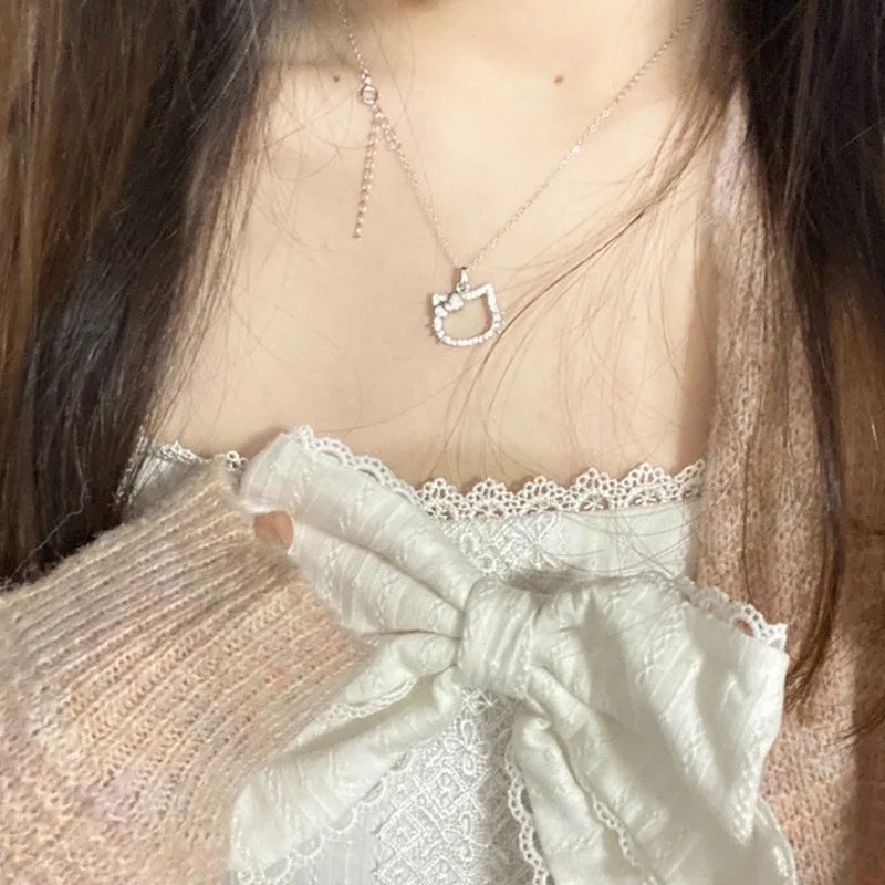 Hello Kitty Necklace & Ring Set – Cute Sanrio Cartoon Jewelry Anime Gift for Kids