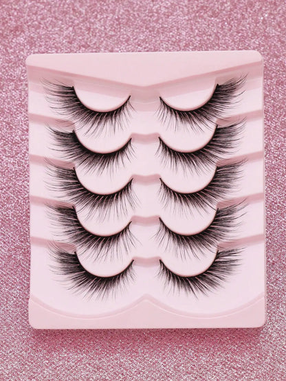 5 Pairs Cat Eye Faux Mink Eyelashes – Winged Long Natural Manga Style False Lashes Makeup Set