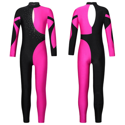 Kids Girls Long Sleeve Rhinestone Bodysuit — Full Body Dancewear Gymnastics Leotard Skating Jumpsuit