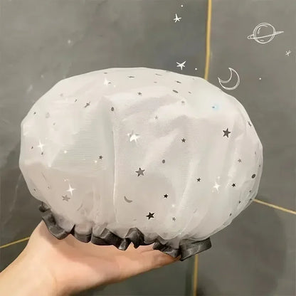 Waterproof Double-Layer Shower Cap – Starry Sky Design, Fashionable Reusable Bathing Hat, Oil-Proof Kitchen Hat