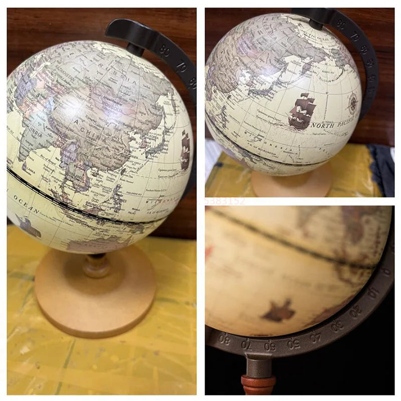 New World Globe – Retro Earth Map with Wooden Base, English Geography Education Desk Decoration