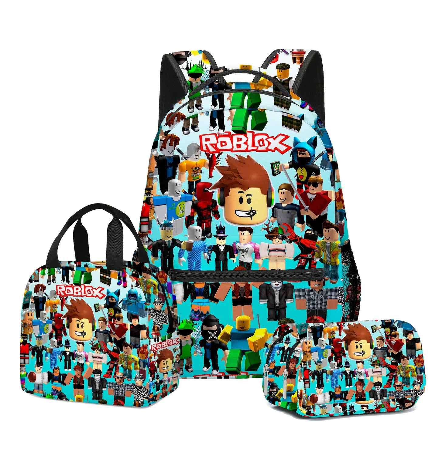 3pcs Roblox Cartoon Print Bag Set – School Backpack, Lunch Bag & Pencil Case for Students, Birthday Gift Set