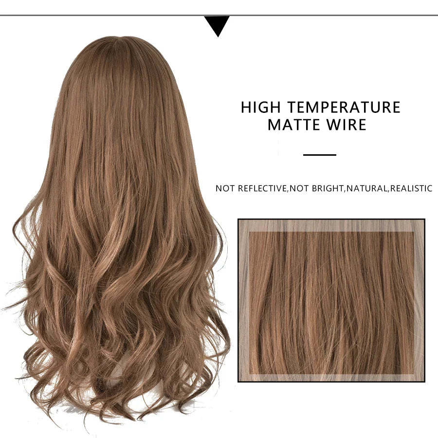 7JHH Brown Ash Long Deep Wave Lolita Wig for Women — Synthetic Hair with Bangs, Thick Curly Fashion Wig